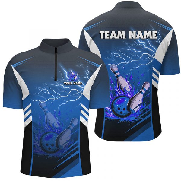 Flame bowling ball and pins lightning custom Men Bowling Quarter Zip Shirt, team bowling jersey | Blue Gift for Bowler Bowling Player