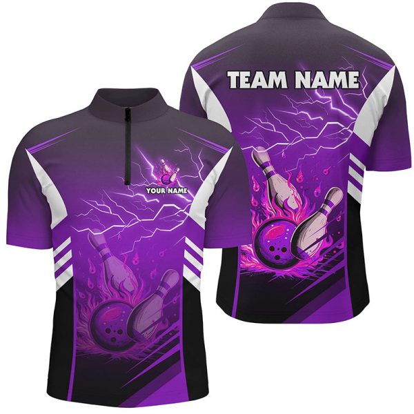 Flame bowling ball & pins lightning custom Men Bowling Quarter Zip Shirt, team bowling jersey | Purple Gift for Bowler Bowling Player