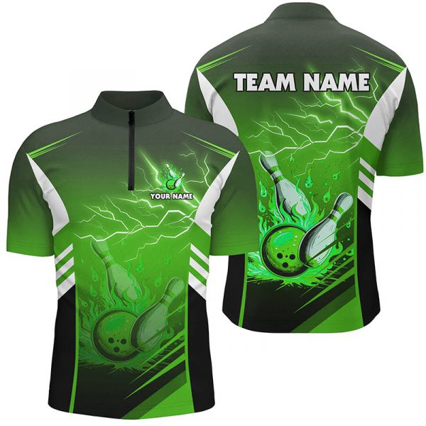 Flame bowling ball and pins lightning custom Men Bowling Quarter Zip Shirt, team bowling jersey| Green Gift for Bowler Bowling Player