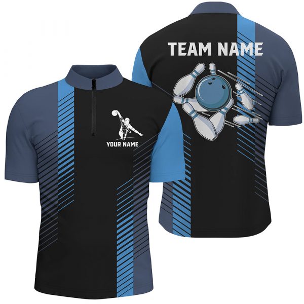 Black and blue bowling shirt for men custom Men Bowling Quarter Zip Shirts, team bowling jerseys Gift for Bowler Bowling Player