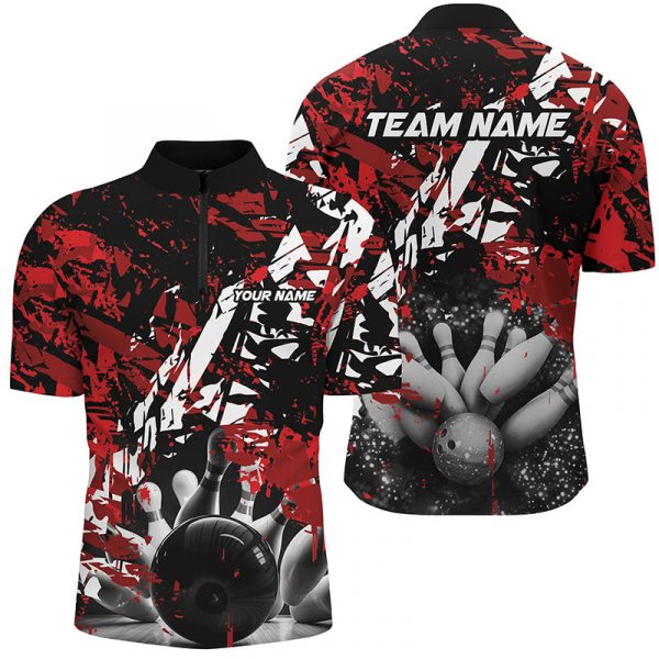 Black and red camo bowling ball and pins custom Men Bowling Quarter Zip Shirts, team bowling jerseys Gift for Bowler Bowling Player