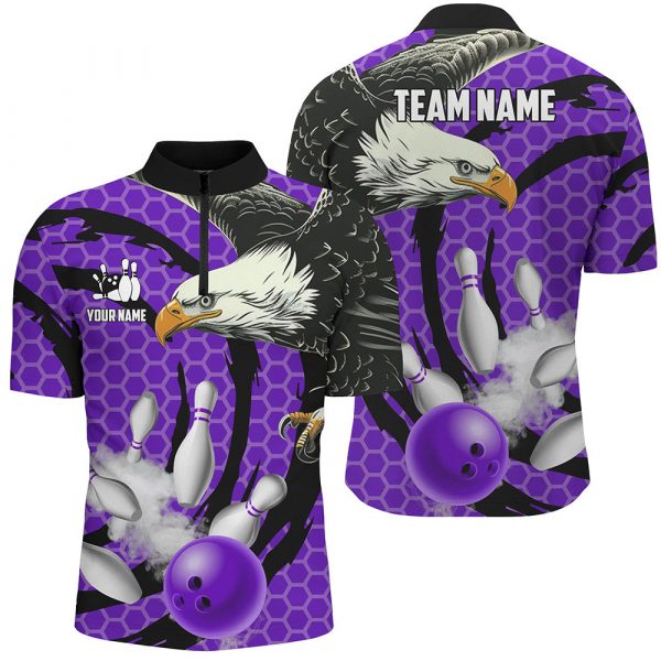 Eagle bowling ball and pins Purple camo custom Mens Bowling Quarter Zip Shirts, team bowling jersey Gift for Bowler Bowling Player