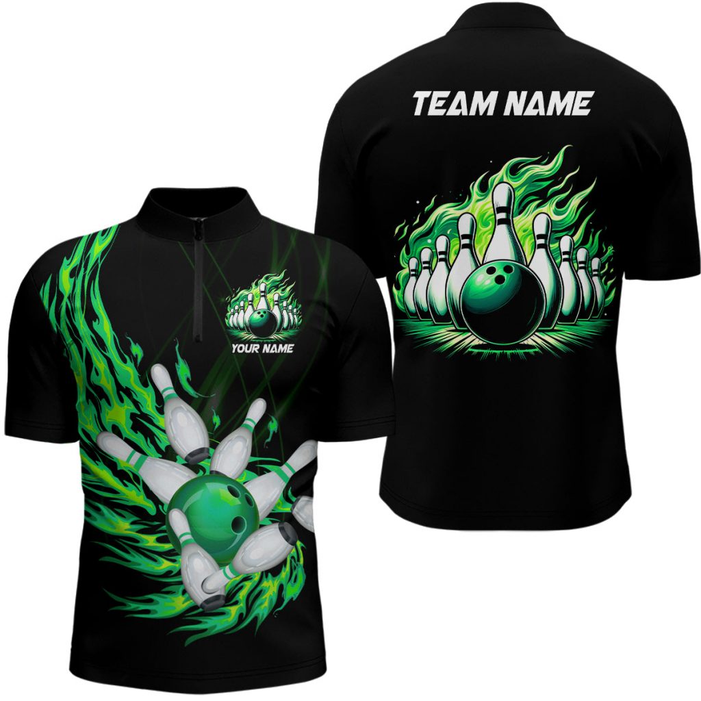 Green Flame Bowling Ball And Pins Custom Mens Bowling Quarter Zip Shirts, Team Mens Bowling Jerseys Gift For Bowler Bowling Player