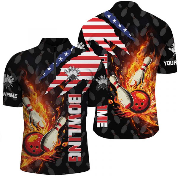 Us Flag Smoke Custom Bowling Jerseys for Men, Uniform Shirt for Bowling Team, Bowler Gift for Bowler Bowling Player