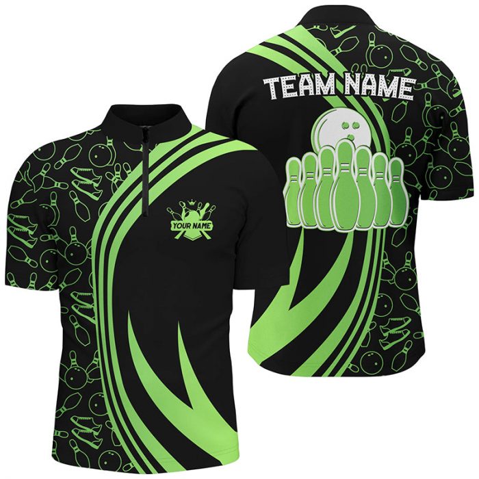 Black Mens Bowling Quarter-Zip Shirt Custom Green Neon Team League Bowling Jerseys, Gifts For Bowlers Gift For Bowler Bowling Player