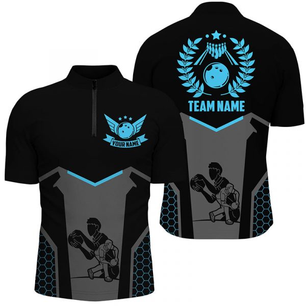 Black Mens bowling shirts Custom Blue neon team league bowling jerseys, gifts for bowlers Gift for Bowler Bowling Player