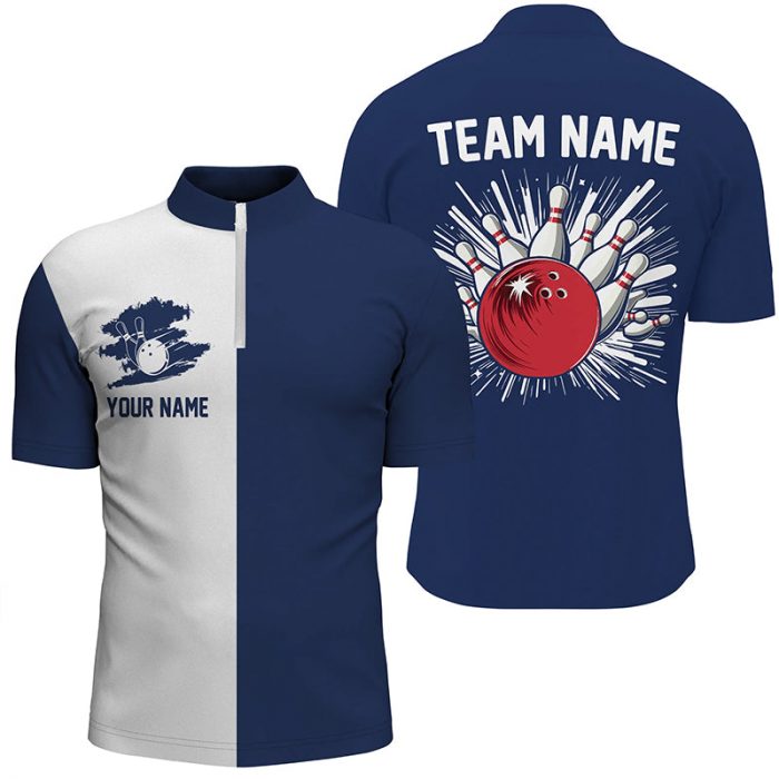 Navy Blue And White Retro Bowling Shirts For Men Custom Team Bowling Jerseys Gift For Bowlers Gift For Bowler Bowling Player