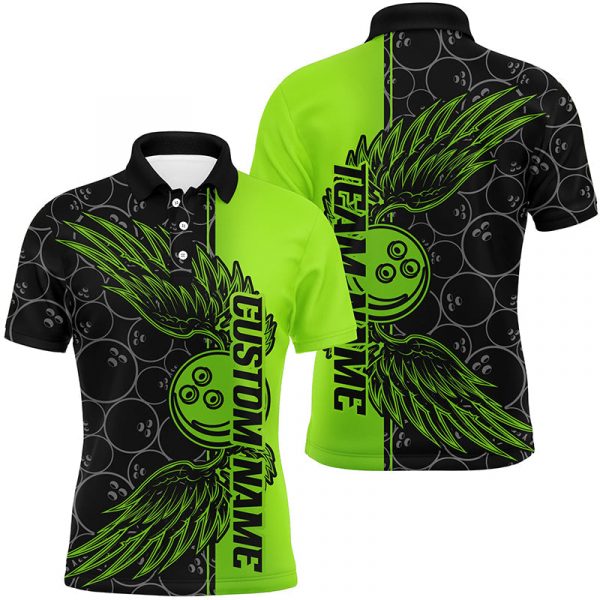 Strike in Style with Custom Black and Green Unisex Bowling Tournament Team Shirts and Jerseys – Bowling Ball and Wings Designs