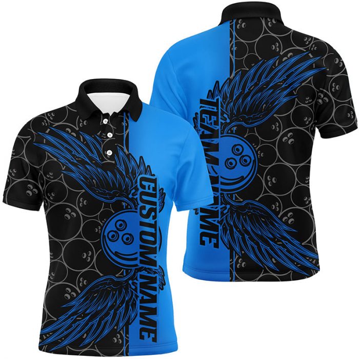 Custom Black And Blue Unisex Bowling Tournament Team Shirts – Stand Out With Bowling Ball And Wings Jerseys