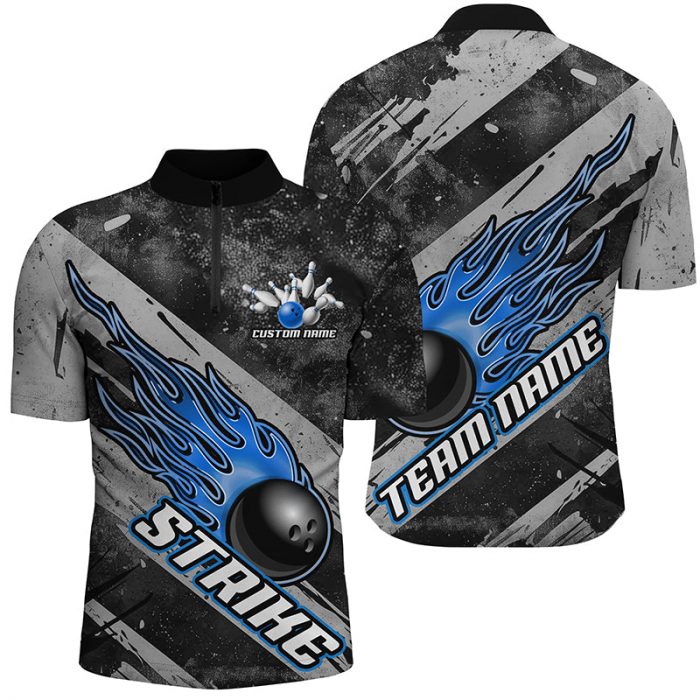 Custom Team Shirts For Men &Amp;Amp; Women – Black &Amp;Amp; Blue Flame Bowling Ball Jerseys