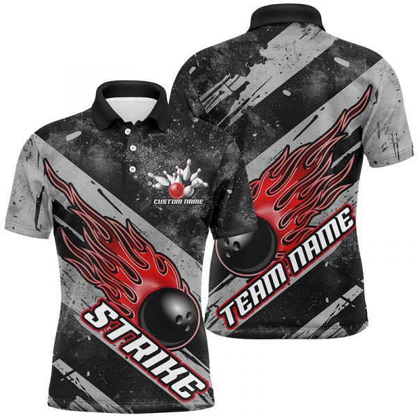 Flame Bowling Ball Custom Team Shirts Black and Red Tournament Jerseys for Men & Women