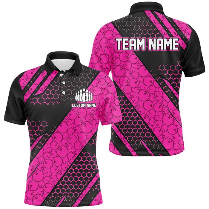 Custom Bowling Team Jerseys Pink Bowlers Shirts For Men And Women With Bowling Ball Pattern