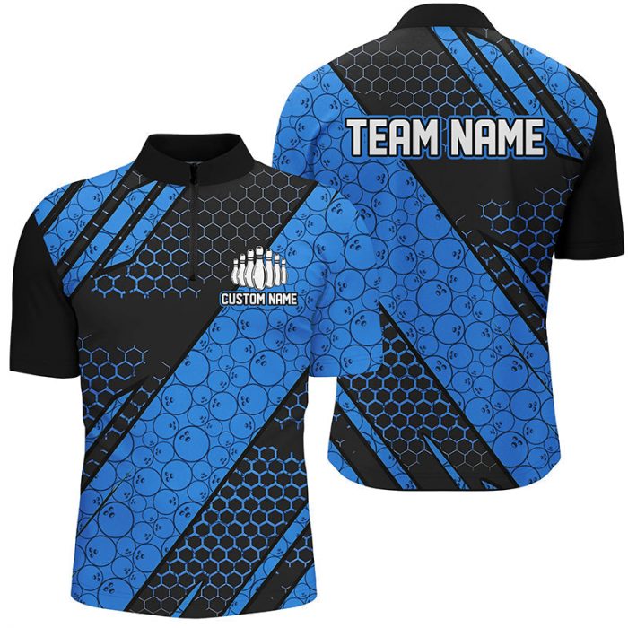 Custom Bowling Team Jerseys Bowlers Shirts For Men &Amp;Amp; Women – Blue Bowling Ball Pattern