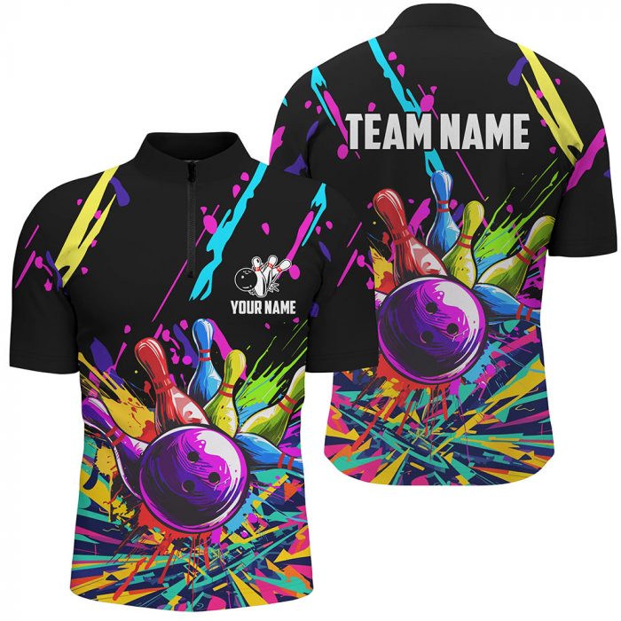 Colorful Bowling Jerseys Bowling Polo, 1/4 Zip Shirt For Men Custom Bowling Team Shirts For Bowlers Gift For Bowler Bowling Player