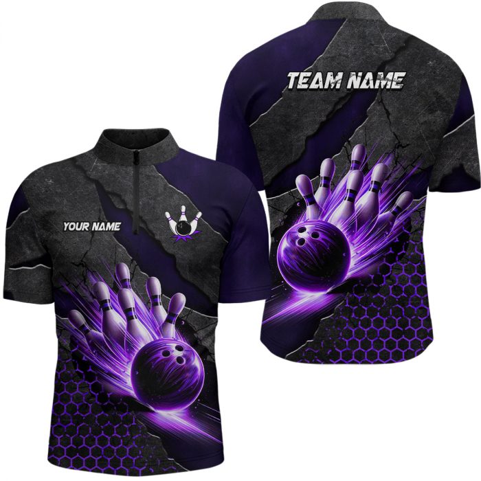 Bowling Jersey For Men Custom Bowling Polo, Quarter-Zip Shirt For Team Bowlers | Purple Gift For Bowler Bowling Player