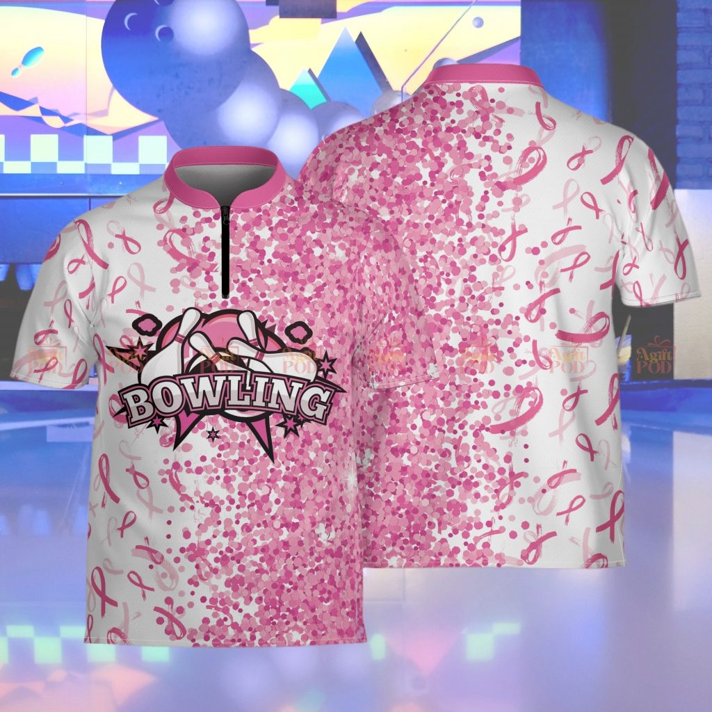 Breast Cancer Awareness Bowling Jersey – Support Team Polo With Zip Collar – Perfect Gift For Cancer Fighters &Amp; Bowlers