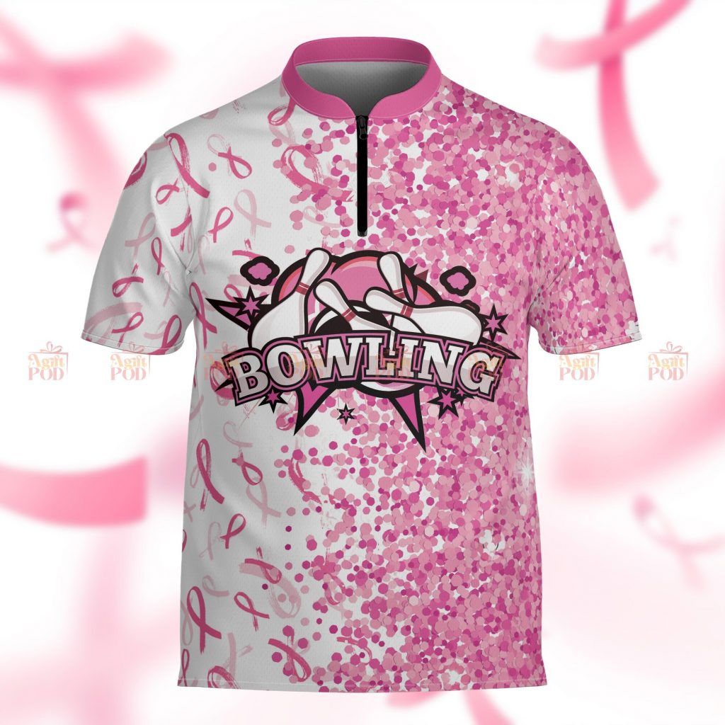 Breast Cancer Awareness Bowling Jersey – Support Team Polo With Zip Collar – Perfect Gift For Cancer Fighters &Amp; Bowlers