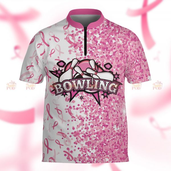 Breast Cancer Awareness Bowling Jersey – Support Team Polo with Zip Collar – Perfect Gift for Cancer Fighters & Bowlers