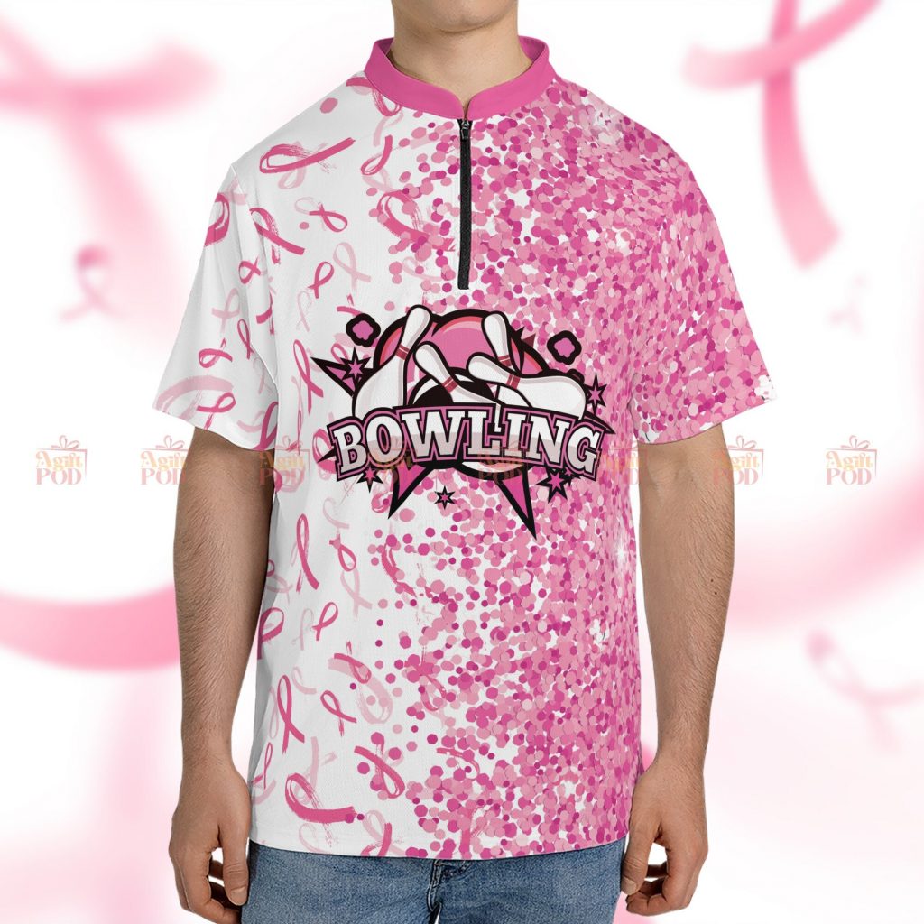 Breast Cancer Awareness Bowling Jersey – Support Team Polo With Zip Collar – Perfect Gift For Cancer Fighters &Amp; Bowlers