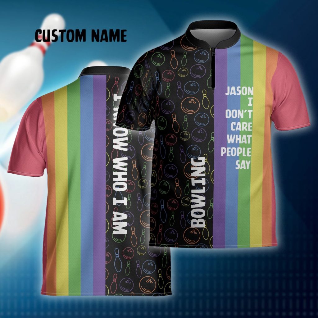 Custom Lgbt Bowling Jersey Rainbow Bowling Pins Quarter Zip Sash Collar Gift For Bowling Player, Bowler Team Bowlers Gift