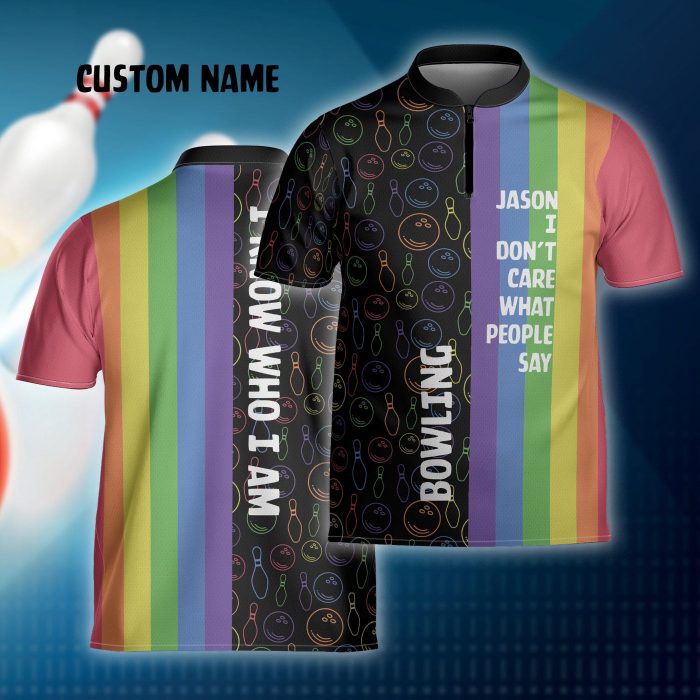 Custom Lgbt Bowling Jersey Rainbow Bowling Pins Quarter Zip Sash Collar Gift For Bowling Player, Bowler Team Bowlers Gift