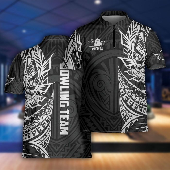 Personalized Tattoo Polynesian Bowling Jersey, Bowling Pins Shirt For Men Zip Shirt Gift For Bowling Player, Bowlers Gift Bowling Team