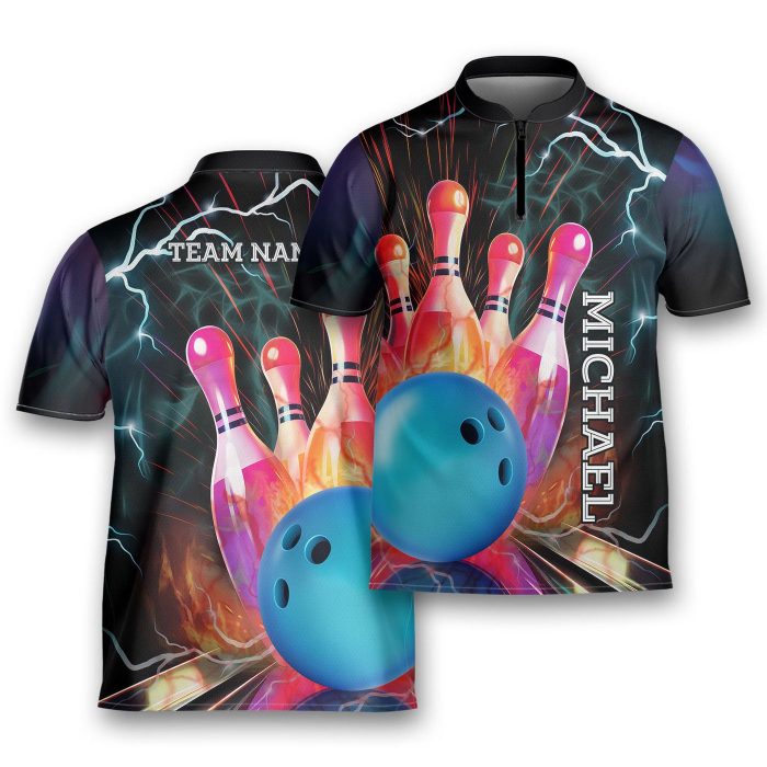 Personalized Thunder Bowling Jersey Bowling Pins Zip Shirt For Men Bowling Player Bowlers Gift Bowling Team Regular Show Shirt