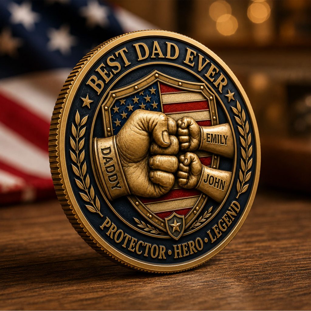 Personalized Best Dad Ever Coin, Custom Kids Names Fist Bump Father’s Day