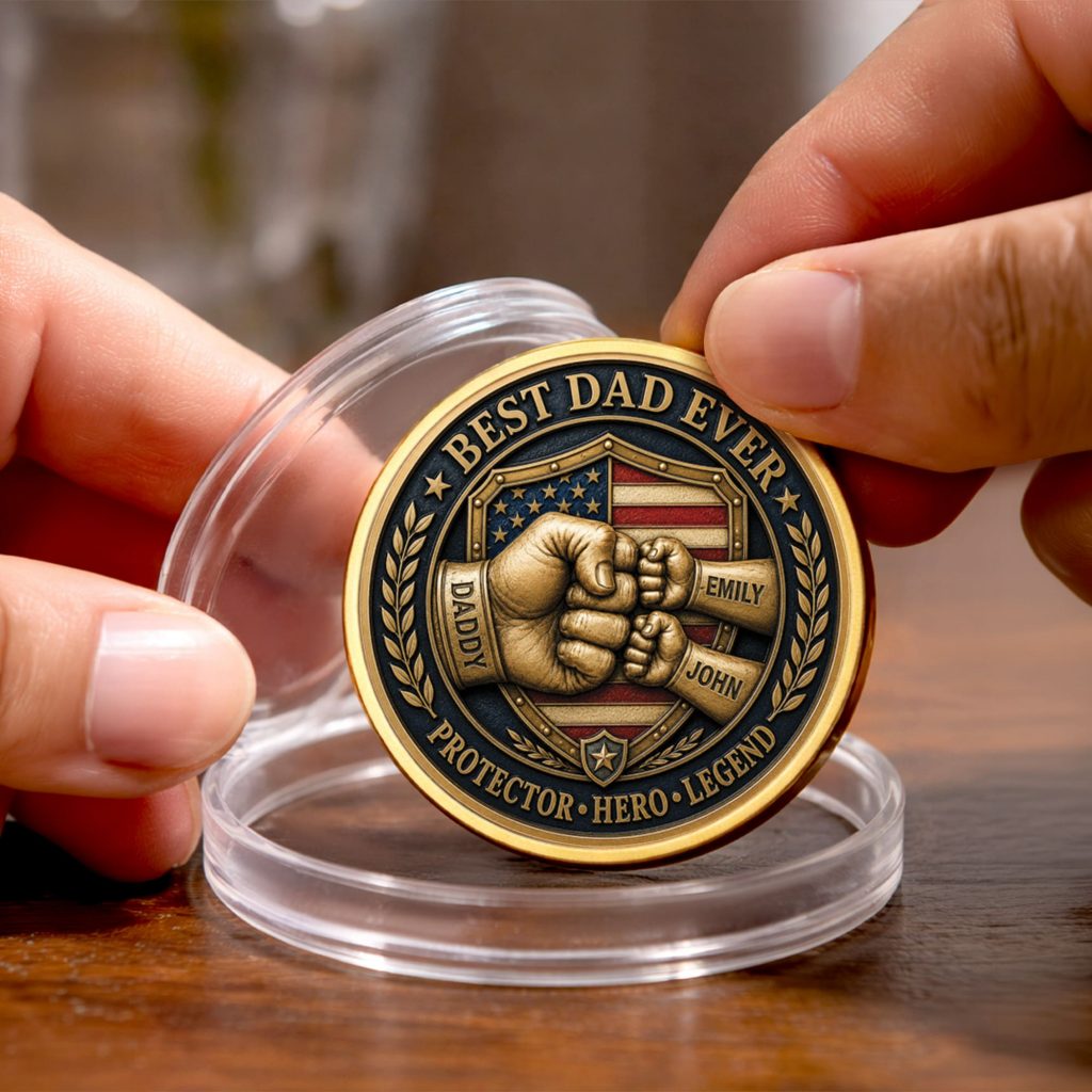 Personalized Best Dad Ever Coin, Custom Kids Names Fist Bump Father’s Day